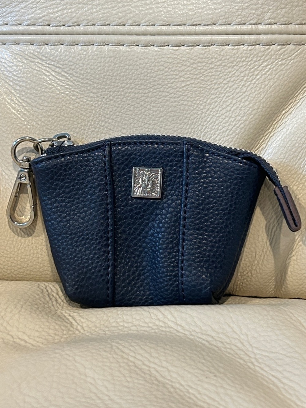 Anne Klein Navy Pebbled Leather Coin Pouch with Silver Logo Hardware